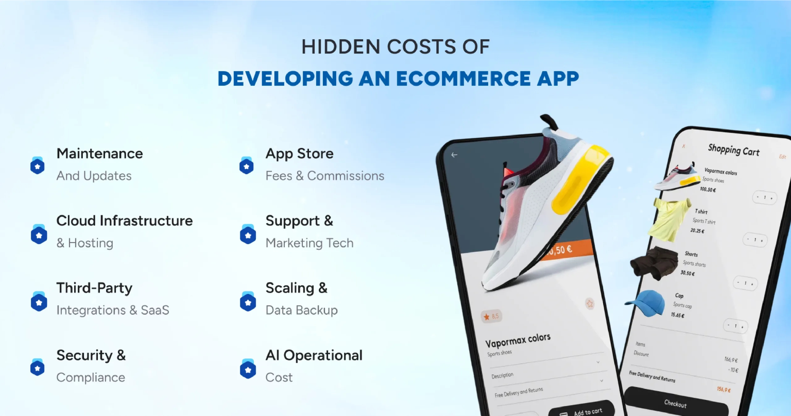 Hidden costs of ecommerce app development including maintenance, cloud hosting, security, and app store fees