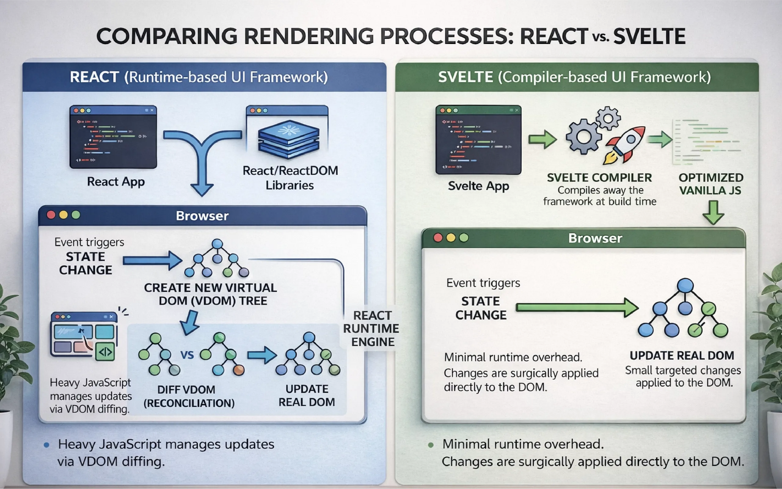 Comparing rendering approaches in Svelte vs React