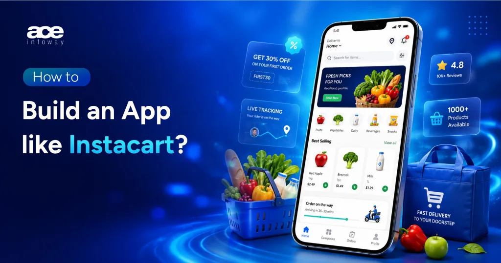 Grocery delivery app development platform similar to Instacart with customer ordering, delivery tracking, and scalable quick commerce architecture