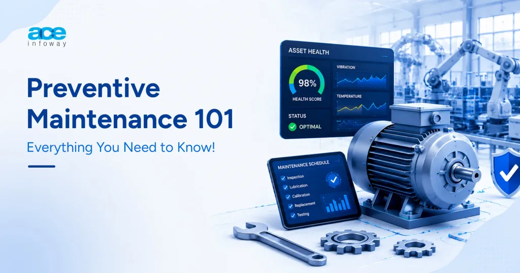 Preventive Maintenance 101 guide showing connected industrial equipment, monitoring dashboard, and maintenance management concepts.